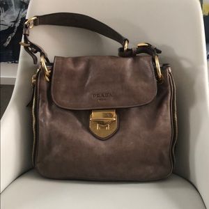 Prada Brown Leather Shoulder Bag with Gold Hardware